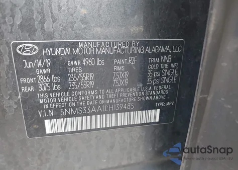 2020 Hyundai Santa Fe Sel 2.0T z USA, uszkodzony, nr VIN 5NMS33AA1LH139485